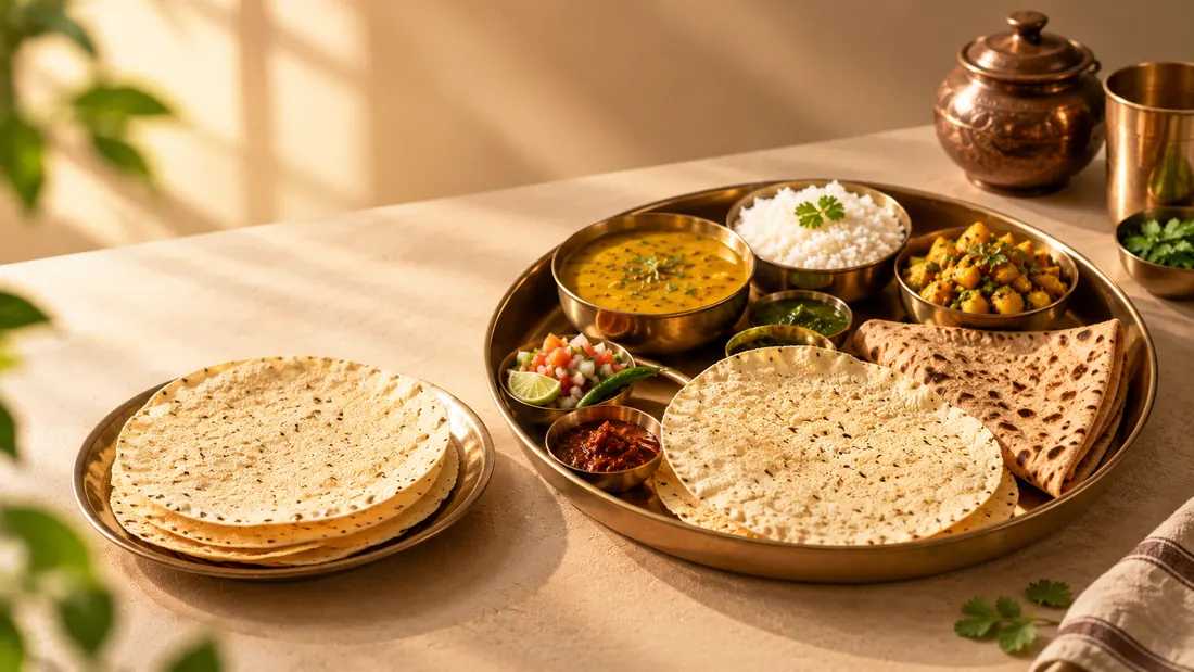 Traditional Indian thali with crispy papad, dal, rice, roti and sabzi served on a brass plate